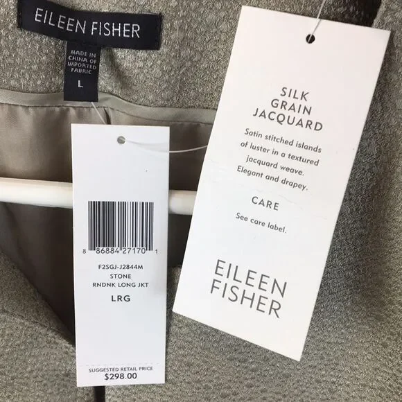 Eileen Fisher 100% Silk Jacquard Gray Open Front Collarless Long Jacket NEW L